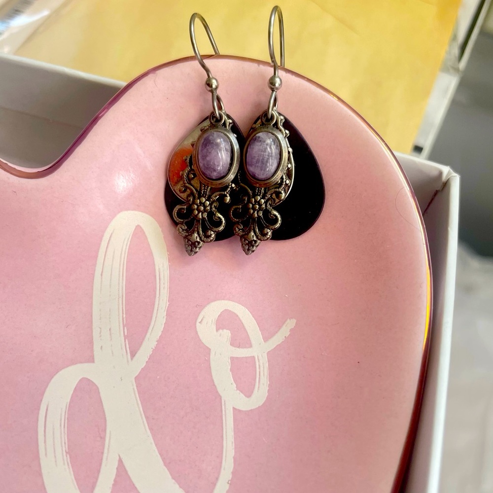 Dark Blue & Silver Layered w Purple Gem Dangly Earrings